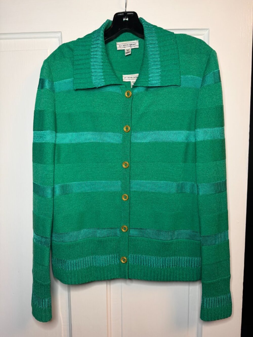 St. John Sport Vintage Knit Cardigan Twin Set 2-Piece Gold Buttons Green Stripe